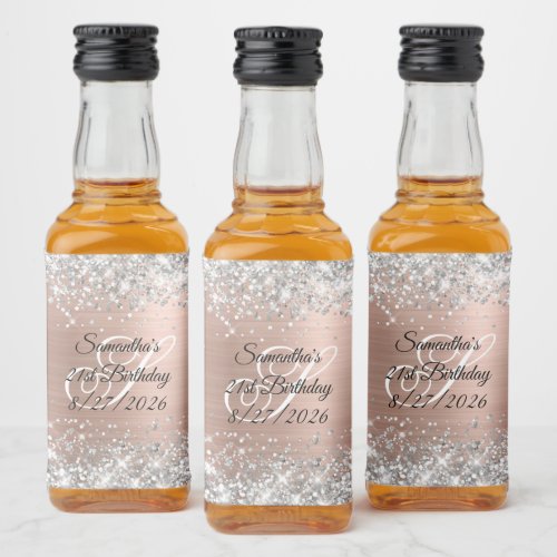 Silver Glitter Rose Gold Monogram 21st Birthday Liquor Bottle Label