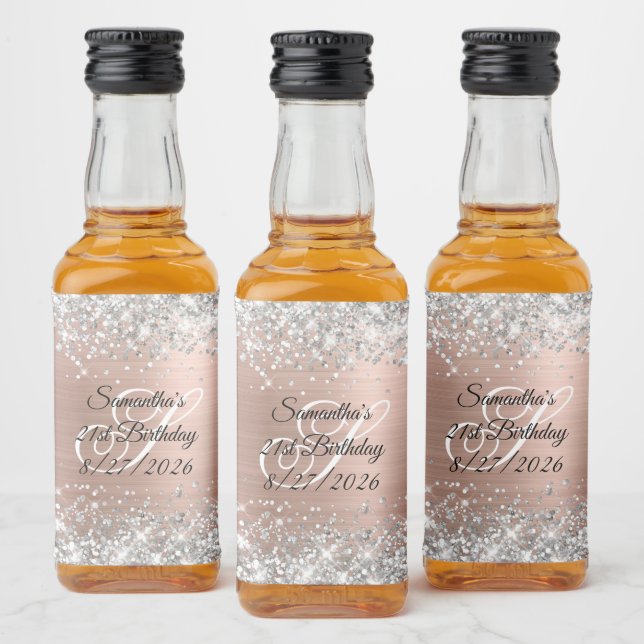 Silver Glitter Rose Gold Monogram 21st Birthday Liquor Bottle Label (Bottles)