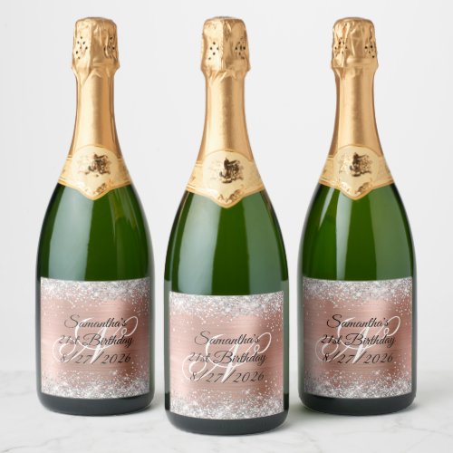 Silver Glitter Rose Gold Monogram 21st Birthday Sparkling Wine Label