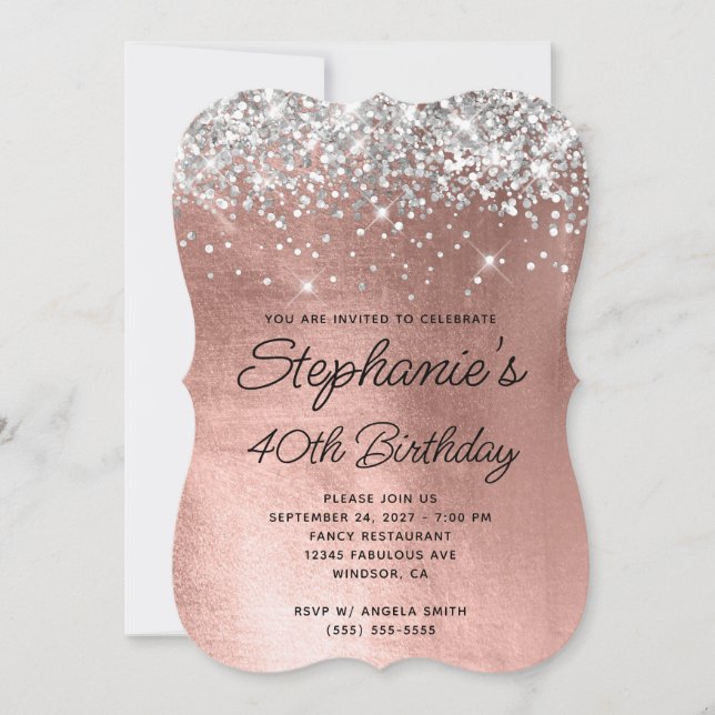 Silver Glitter Rose Gold Monogram 40th Birthday Invitation (Front)