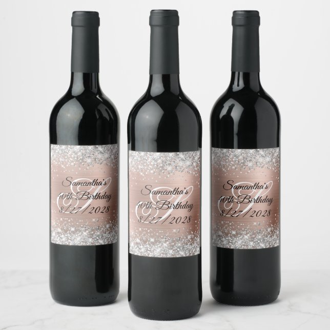 Silver Glitter Rose Gold Monogram 40th Birthday Wine Label (Bottles)