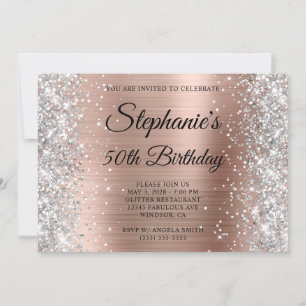 Silver Glitter Rose Gold Monogram 50th Birthday Invitation