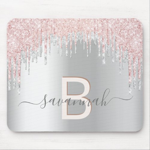 Silver glitter rose gold monogram mouse pad
