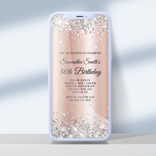 Silver Glitter Rose Gold Ombre 50th Birthday Invitation (Creator Uploaded)