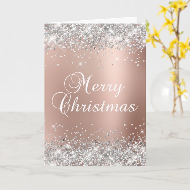 Silver Glitter Rose Gold Ombre Merry Christmas Card (Yellow Flower)