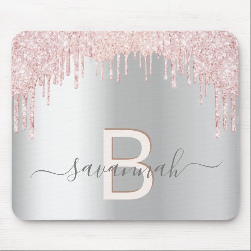 Silver glitter rose gold pink monogram mouse pad