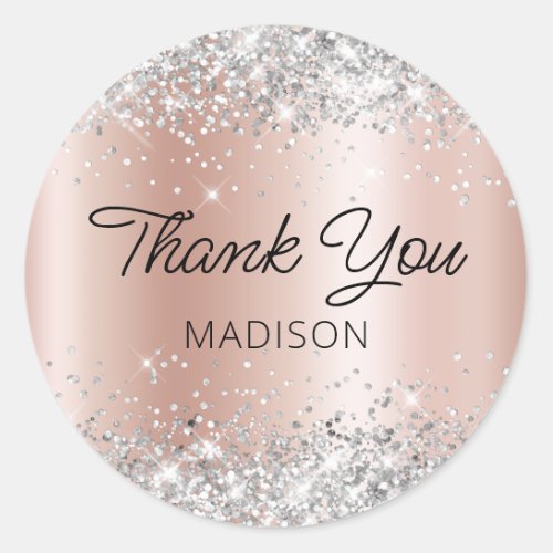 Silver Glitter Rose Gold Shimmer Ombre Thank You Classic Round Sticker