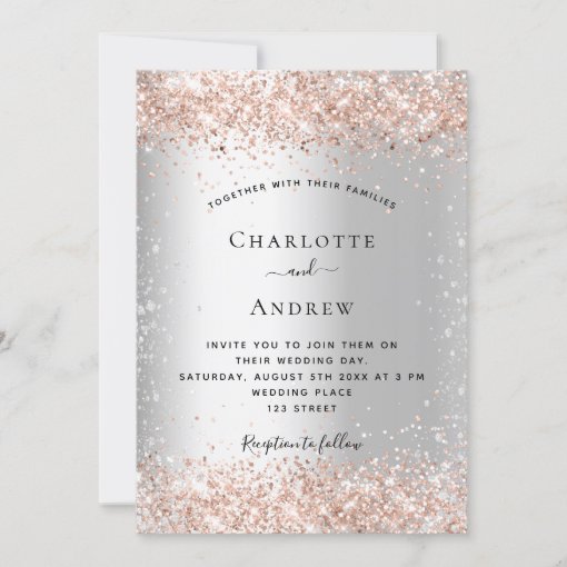 Silver glitter rose gold sparkle wedding invitation | Zazzle