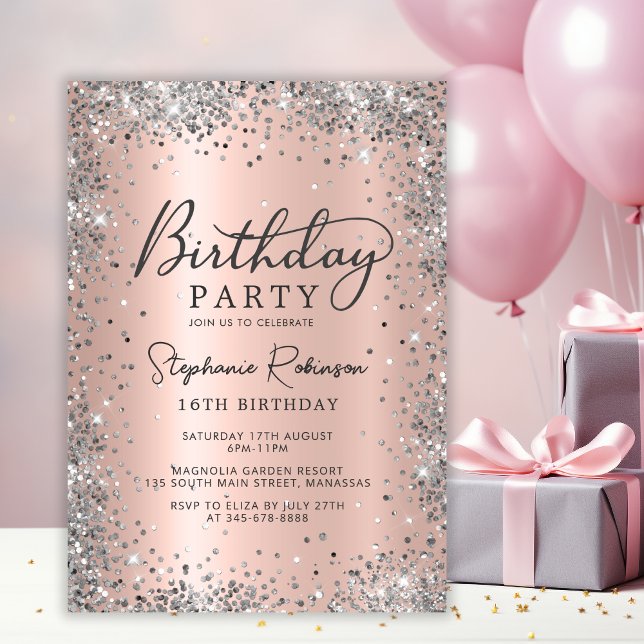 Silver Glitter Rose Gold Sweet 16  Birthday  Invitation (Creator Uploaded)