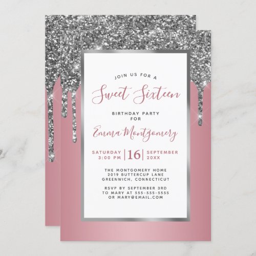 Silver Glitter Rose Gold Sweet 16 Birthday Party Invitation