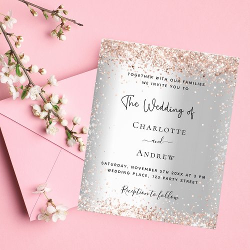Silver glitter rose gold wedding budget invitation flyer