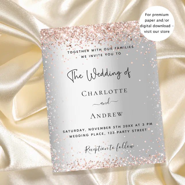 Silver Glitter Rose Gold Wedding Invitation 