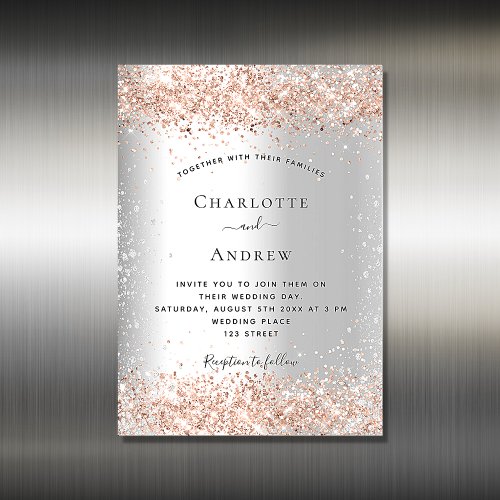 Silver glitter rose gold wedding invitation magnet
