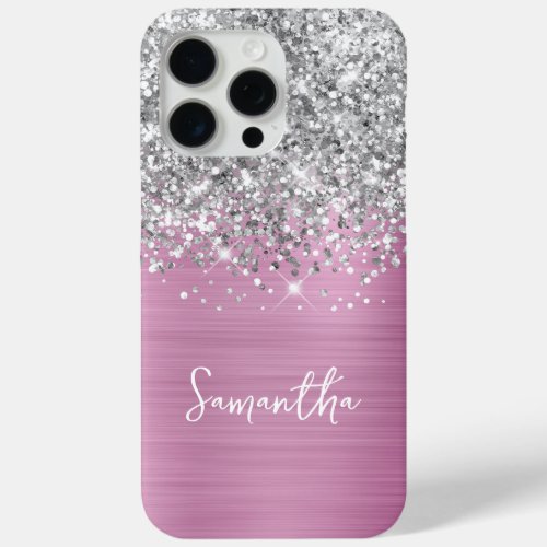 Silver Glitter Rose Pink Glam Name iPhone 15 Pro Max Case