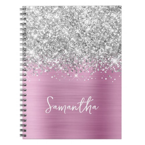 Silver Glitter Rose Pink Glam Script Name Notebook