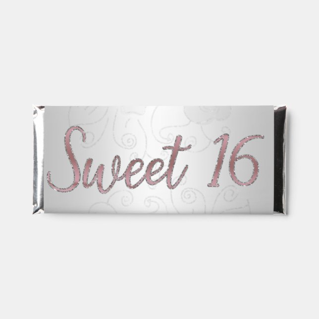 Silver Glitter Rose Pink Sweet 16 Personalized Hershey Bar Favors (Front)