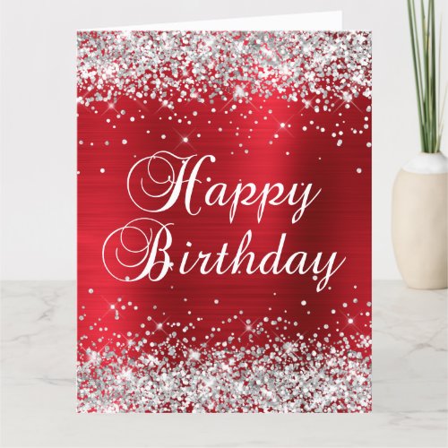 Silver Glitter Rose Red Foil Big Happy Birthday Card