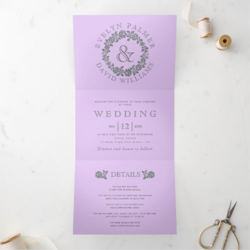Silver glitter rose wreath lavender wedding  Tri_Fold invitation