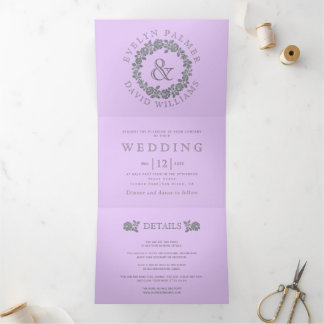 Silver glitter rose wreath lavender wedding  Tri-Fold invitation