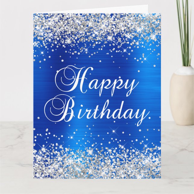 Silver Glitter Royal Blue Big Happy Birthday Card (Front)