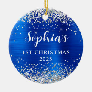 Silver Glitter Royal Blue Foil 1st Christmas Photo Ceramic Ornament