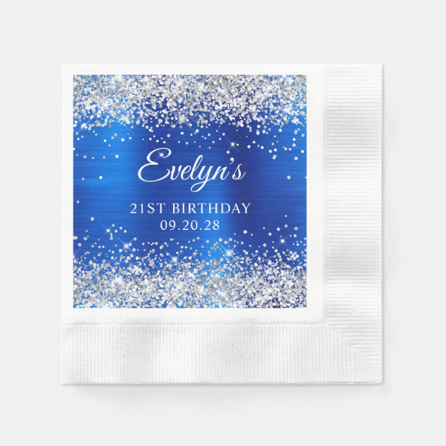 Silver Glitter Royal Blue Foil 21st Birthday Napkins (Front)