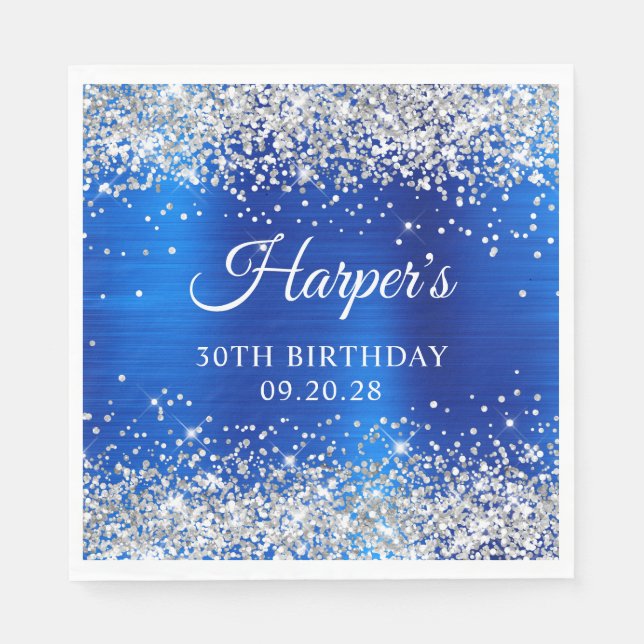 Silver Glitter Royal Blue Foil 30th Birthday Napkins (Front)
