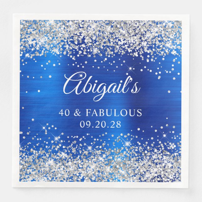Silver Glitter Royal Blue Foil 40 & Fabulous Paper Dinner Napkins (Front)
