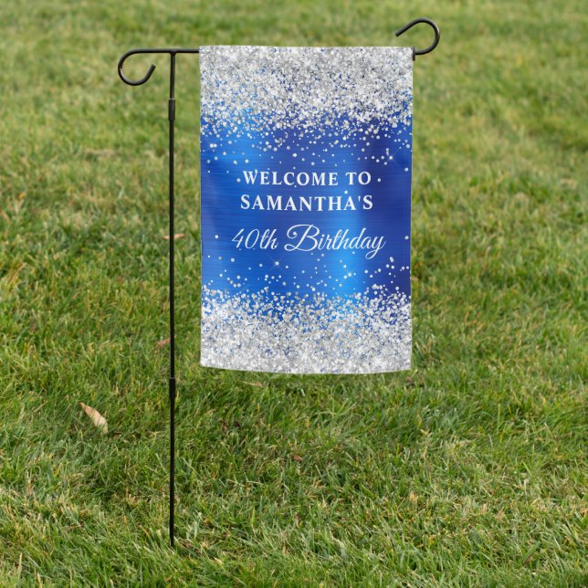 Silver Glitter Royal Blue Foil 40th Birthday Garden Flag (In SItu)