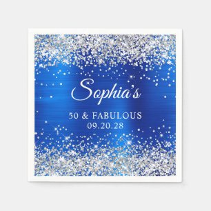 Silver Glitter Royal Blue Foil 50 & Fabulous Napkins
