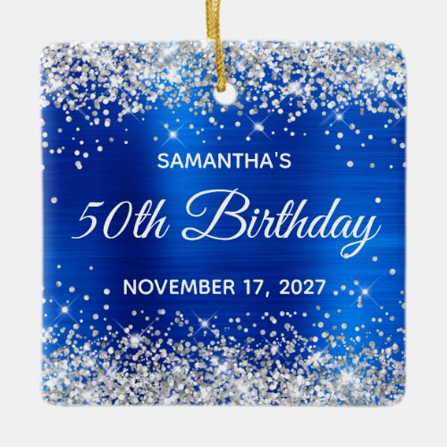 Silver Glitter Royal Blue Foil 50th Birthday Ceramic Ornament