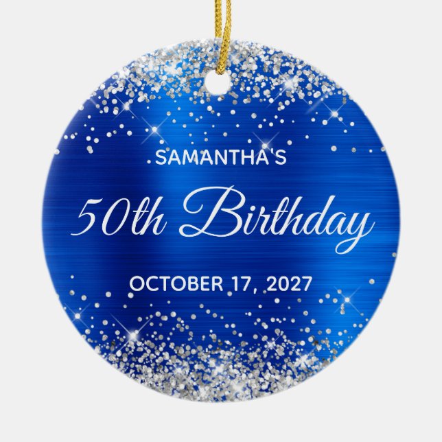 Silver Glitter Royal Blue Foil 50th Birthday Ceramic Ornament (Front)