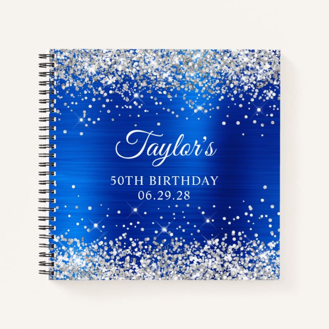 Silver Glitter Royal Blue Foil 50th Birthday Guest Notebook (Front)