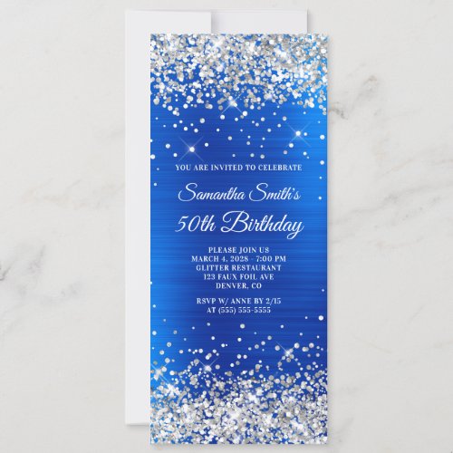 Silver Glitter Royal Blue Foil 50th Birthday Invitation