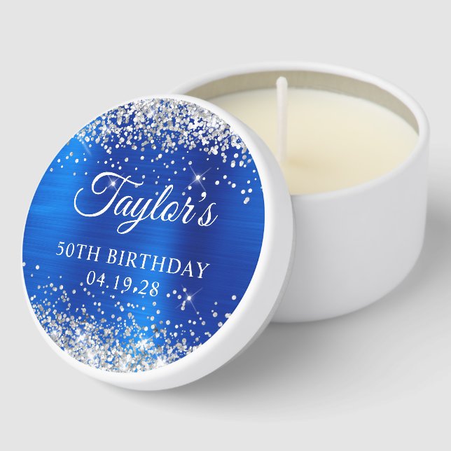 Silver Glitter Royal Blue Foil 50th Birthday Mini Candle Favors (Corner)