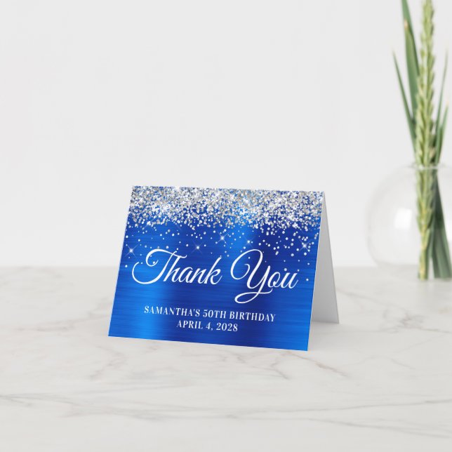 Silver Glitter Royal Blue Foil 50th Birthday Thank You Card (Front)