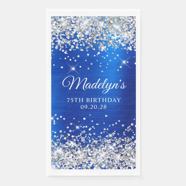 Silver Glitter Royal Blue Foil 75th Birthday Paper Guest Towels (Front)