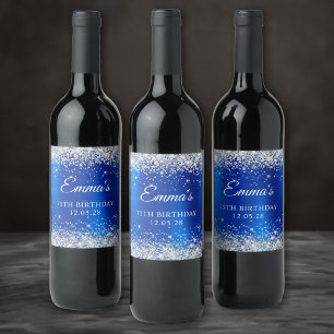 Silver Glitter Royal Blue Foil 75th Birthday Wine Label