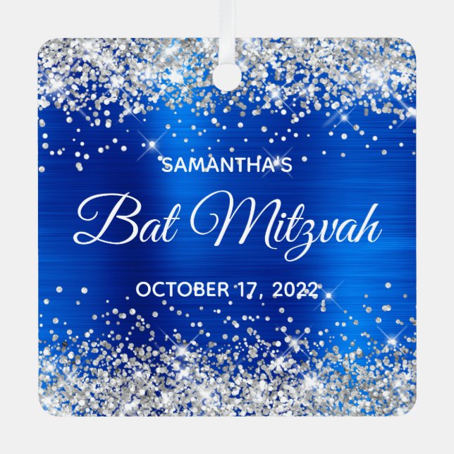 Silver Glitter Royal Blue Foil Bat Mitzvah Metal Ornament (Front)
