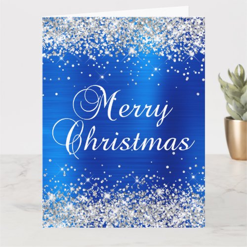 Silver Glitter Royal Blue Foil Big Merry Christmas Card