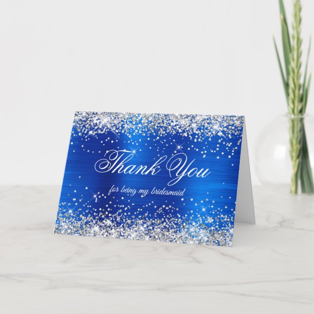 Silver Glitter Royal Blue Foil Bridesmaid Thank You Card (Front)