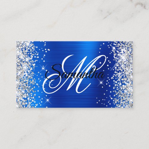 Silver Glitter Royal Blue Foil Fancy Monogram Business Card