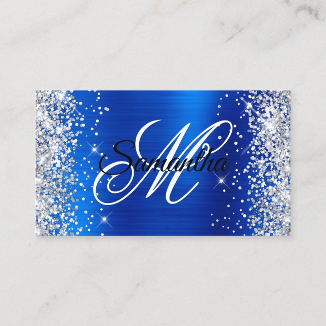 Silver Glitter Royal Blue Foil Fancy Monogram Business Card (Front)