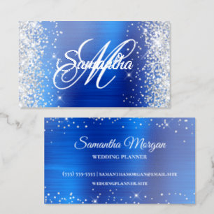 Silver Glitter Royal Blue Foil Fancy Monogram Business Cards