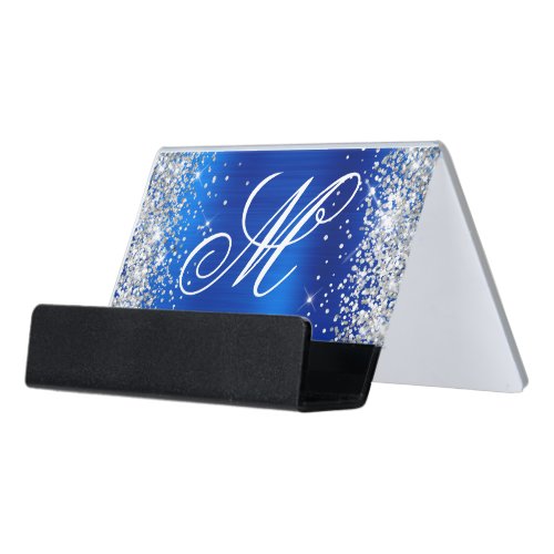 Silver Glitter Royal Blue Foil Fancy Monogram Desk Business Card Holder