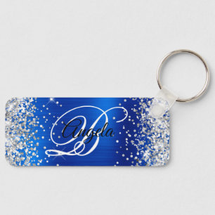 Silver Glitter Royal Blue Foil Fancy Monogram Keychain
