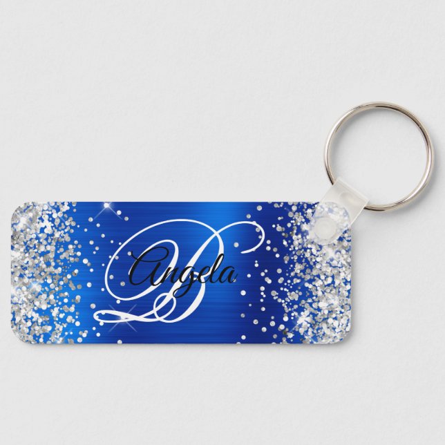 Silver Glitter Royal Blue Foil Fancy Monogram Keychain (Front)