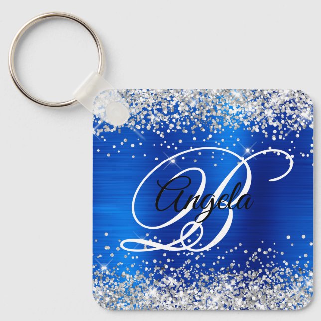 Silver Glitter Royal Blue Foil Fancy Monogram Keychain (Front)