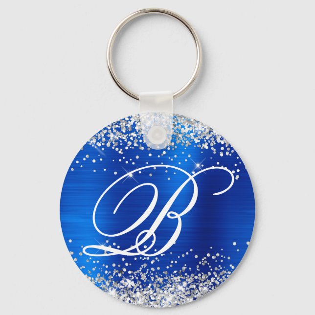 Silver Glitter Royal Blue Foil Fancy Monogram Keychain (Front)