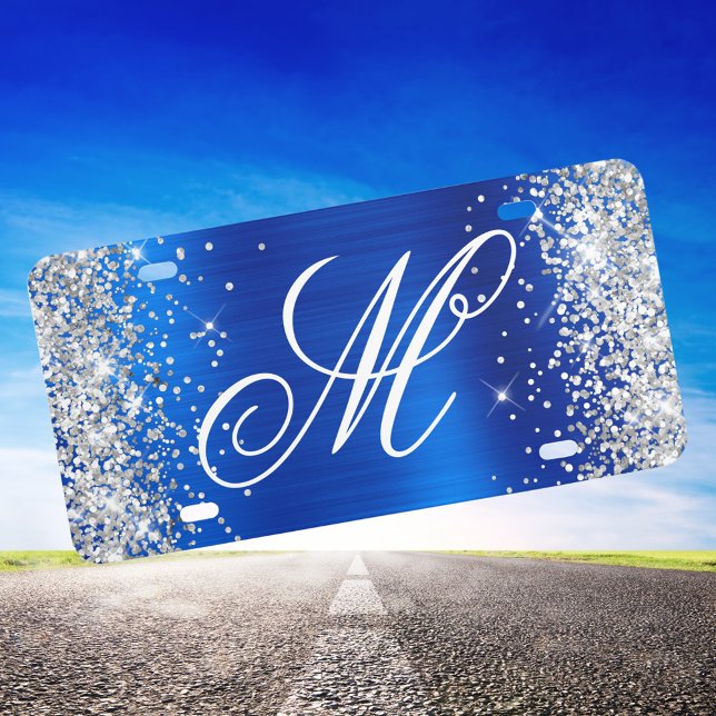 Silver Glitter Royal Blue Foil Fancy Monogram License Plate (Silver Glitter Royal Blue Monogrammed Decorative License Plate)
